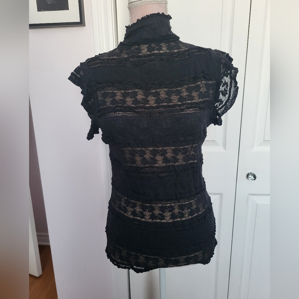 Max Studio Chic Black Lace Blouse over nude mesh sz M